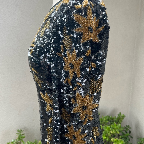 Vintage Sho Max gorgeous beaded sequins dress black bronze floral Sz M - Picture 9 of 12